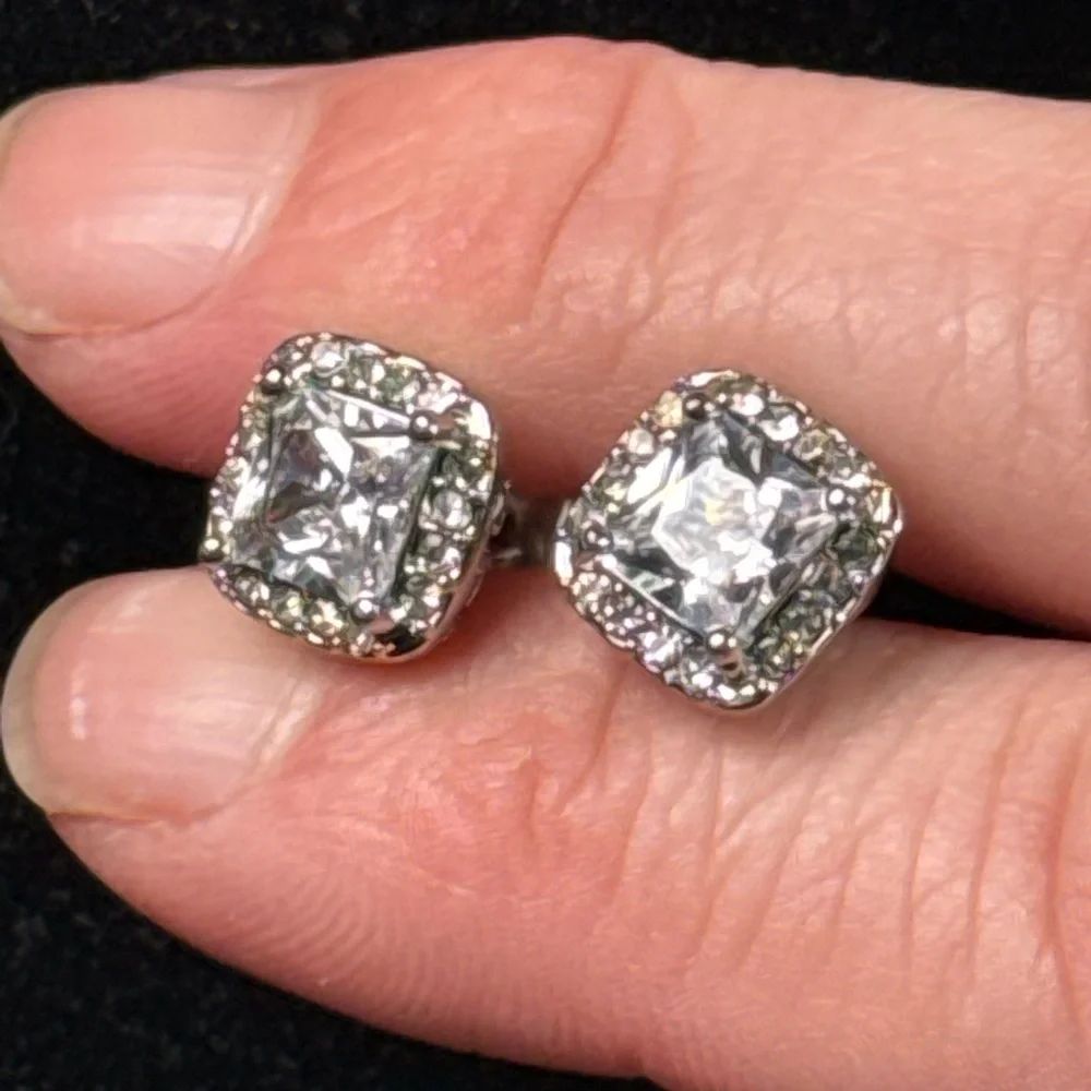 Mid Size Silver‎ Tone Rhinestone Stud Earrings